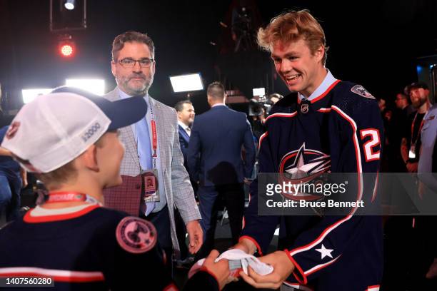 James Fisher is selected by the Columbus Blue Jackets during Round Seven of the 2022 Upper Deck NHL Draft at Bell Centre on July 08, 2022 in...