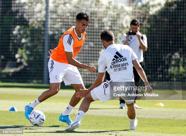 Reinier Jesus Carvalho and Nacho Fernandez players of Real Madrid are training at Valdebebas training ground on July 08, 2022 in Madrid, Spain.