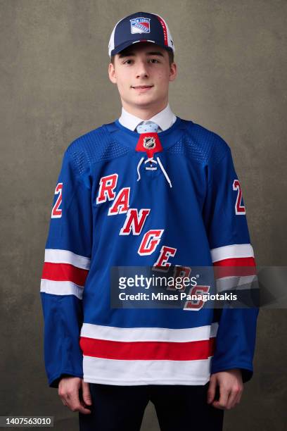 Maxim Barbashev, #161 pick by the New York Rangers, poses for a portrait during the 2022 Upper Deck NHL Draft at Bell Centre on July 08, 2022 in...