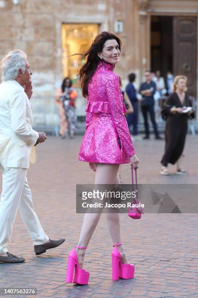 Anne Hathaway is seen arriving at the Valentino Haute Couture Fall/Winter 22/23 fashion show on July 08, 2022 in Rome, Italy.