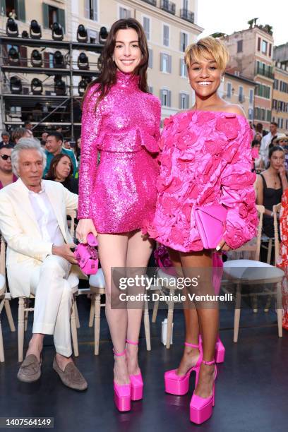 Anne Hathaway and Ariana DeBose attend the Valentino Haute Couture Fall/Winter 22/23 fashion show on July 08, 2022 in Rome, Italy.