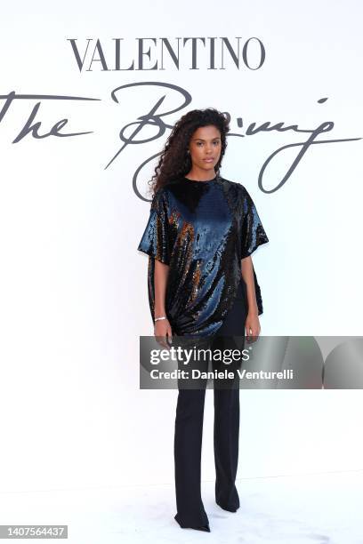 Tina Kunakey is seen arriving at the Valentino Haute Couture Fall/Winter 22/23 fashion show on July 08, 2022 in Rome, Italy.