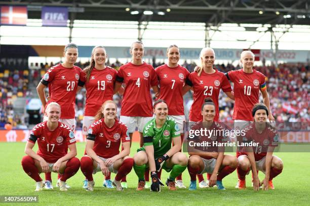 Denmark players pose for a team photo prior to the UEFA Women's Euro 2022 group B match between Germany and Denmark at Brentford Community Stadium on...
