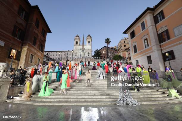 Models pose on the runway at the Valentino haute couture fall/winter 22/23 fashion show on July 08, 2022 in Rome, Italy.