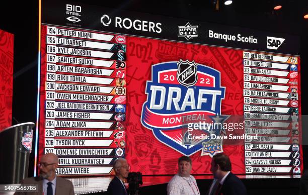 General view of the draft board after the seventh round of the 2022 Upper Deck NHL Draft at Bell Centre on July 08, 2022 in Montreal, Quebec.