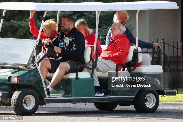 Warren Buffett, CEO of Berkshire Hathaway, rides to a morning session during the Allen & Company Sun Valley Conference on July 08, 2022 in Sun...