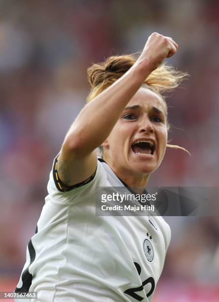 Lina Magull of Germany celebrates their team's first goal during the UEFA Women's Euro England 2022 group B match between Germany and Denmark at...