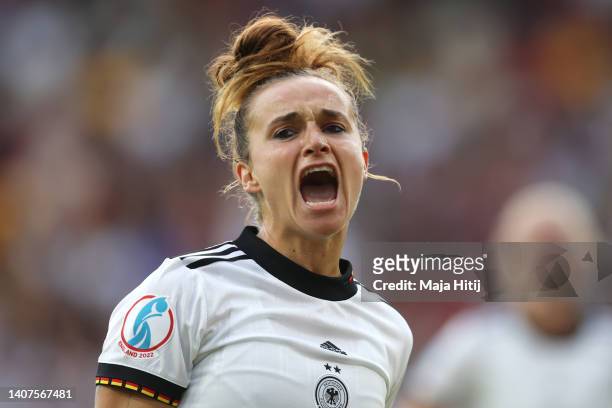 Lina Magull of Germany celebrates their team's first goal during the UEFA Women's Euro England 2022 group B match between Germany and Denmark at...