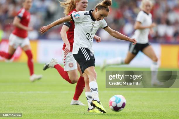 Lina Magull of Germany scores their team's first goal during the UEFA Women's Euro England 2022 group B match between Germany and Denmark at...