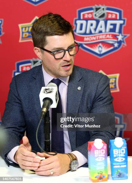 General Kyle Dubas of the Toronto Maple Leafs speaks to the media after the 2022 Upper Deck NHL Draft at Bell Centre on July 08, 2022 in Montreal,...