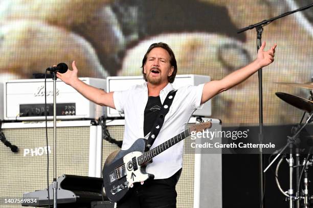 Eddie Vedder of Pearl Jam performs on stage as American Express Presents BST Hyde Park, in Hyde Park on July 08, 2022 in London, England.