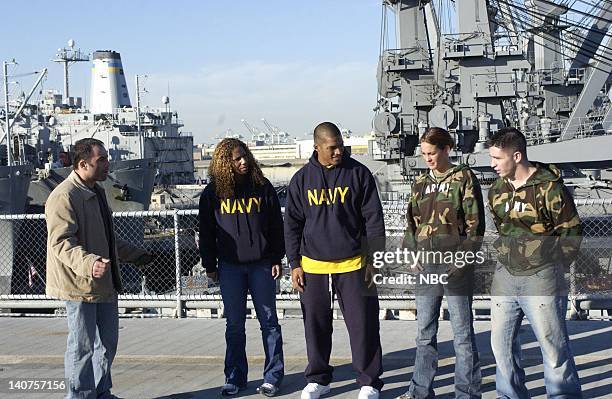 Military Fear Factor" Episode 614 -- Pictured: Helicopter bungee stunt on the USS Hornet - Joe Rogan, Marcelle Molett, Gervy Alota, Kelly Mulligan,...