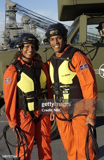 Military Fear Factor" Episode 614 -- Pictured: Helicopter bungee stunt on the USS Hornet - Marcelle Mollett, Gervy Alota -- Photo by: David...