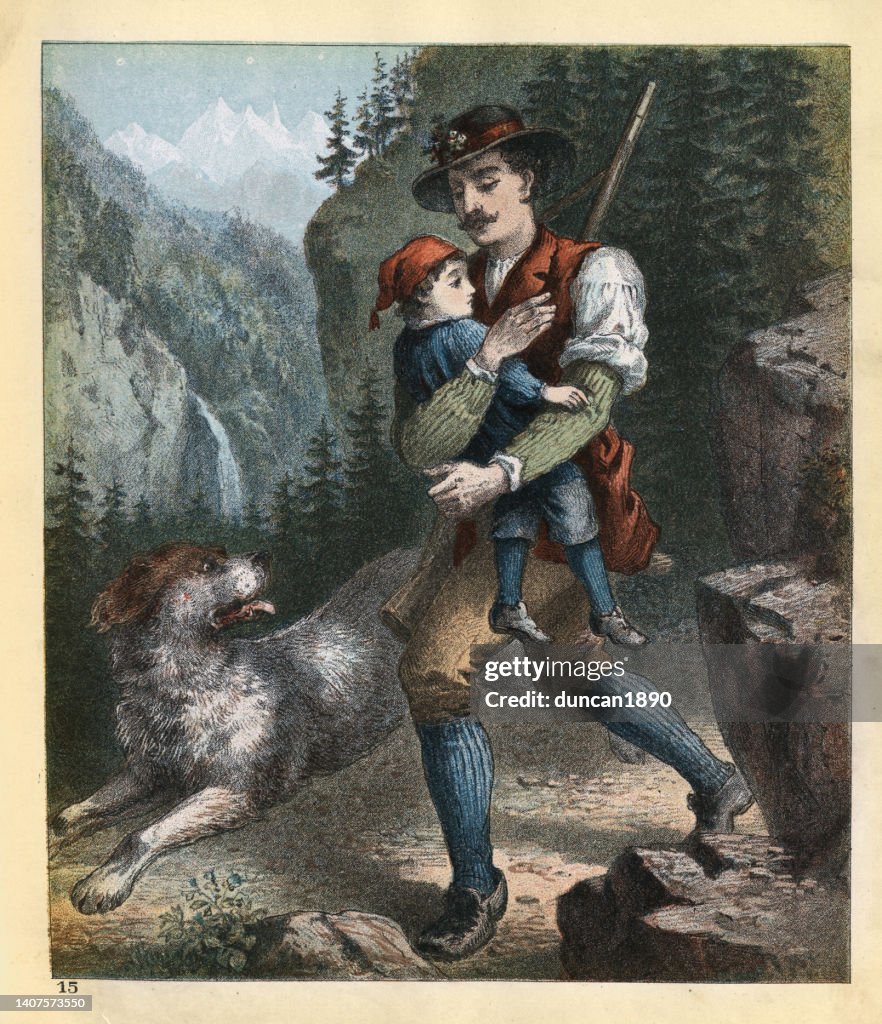 Hunter and his Swiss mountain dog, Sennenhunds, carrying his son home, Victorian 1880s, 19th Century