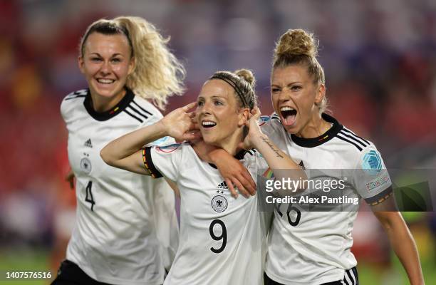 Svenja Huth celebrates with Lena Lattwein and Linda Dallmann of Germany after a goal which was later disallowed during the UEFA Women's Euro 2022...