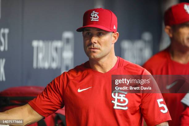 Skip Schumaker of the St. Louis Cardinals in the dugout before a game against the Atlanta Braves at Truist Park on July 5, 2022 in Atlanta, Georgia.