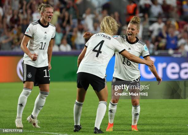 Lena Lattwein of Germany celebrates their team's third goal with teammates Alexandra Popp and Linda Dallmann during the UEFA Women's Euro England...