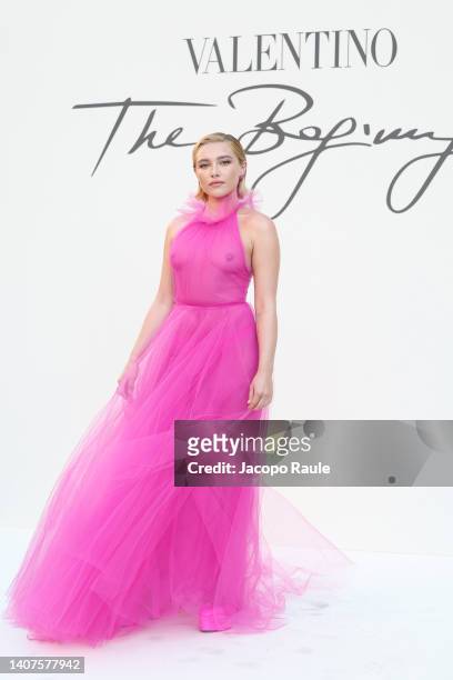 Florence Pugh is seen arriving at the Valentino Haute Couture Fall/Winter 22/23 fashion show on July 08, 2022 in Rome, Italy.