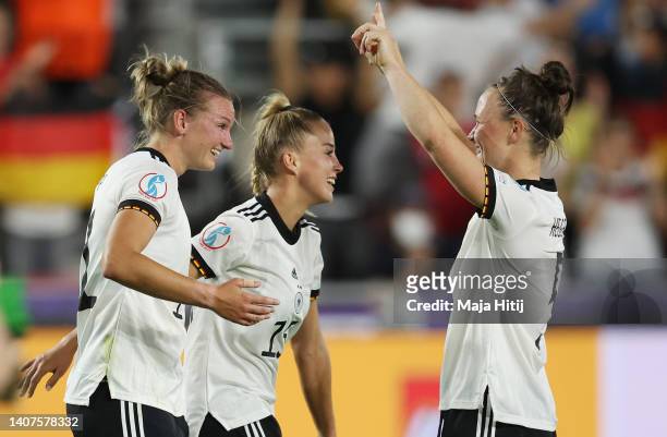 Alexandra Popp of Germany celebrates their team's fourth goal with teammates Giulia Gwinn and Marina Hegering during the UEFA Women's Euro England...