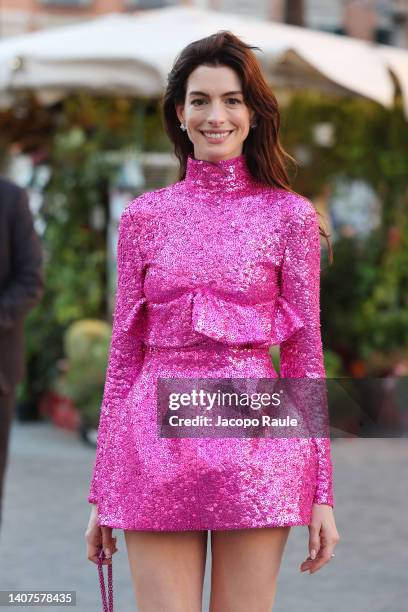 Anne Hathaway is seen arriving at the Valentino Haute Couture Fall/Winter 22/23 fashion show on July 08, 2022 in Rome, Italy.