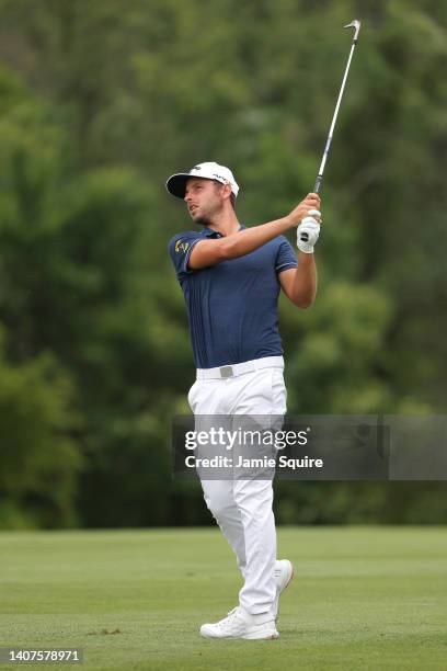 Adam Svensson of Canada plays a shot from the 17th fairway during the second round of the Barbasol Championship at Keene Trace Golf Club on July 08,...