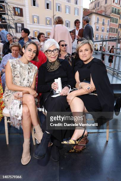 Delfina Delettrez Fendi, Anna Fendi and Silvia Venturini Fendi attend the Valentino Haute Couture Fall/Winter 22/23 fashion show on July 08, 2022 in...