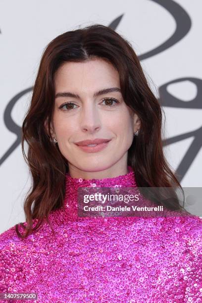 Anne Hathaway is seen arriving at the Valentino haute couture fall/winter 22/23 fashion show on July 08, 2022 in Rome, Italy.