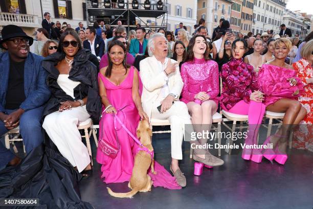 Edward Enninful, Naomi Campbell, a guest, Giancarlo Giammetti, Anne Hathaway, Hwasa and Ariana DeBose attend the Valentino Haute Couture Fall/Winter...