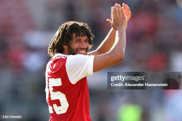 Mohamed Elneny of Arsenal reacts after the pre-season friendly match between 1. FC Nürnberg and Arsenal F.C. At Max-Morlock-Stadion on July 08, 2022...