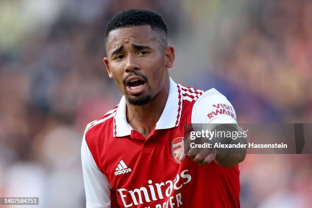 Gabriel Jesus of Arsenal reacts during the pre-season friendly match between 1. FC Nürnberg and Arsenal F.C. At Max-Morlock-Stadion on July 08, 2022...