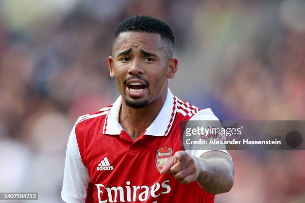 Gabriel Jesus of Arsenal reacts during the pre-season friendly match between 1. FC Nürnberg and Arsenal F.C. At Max-Morlock-Stadion on July 08, 2022...