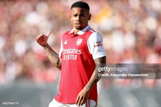 Gabriel Jesus of Arsenal reacts during the pre-season friendly match between 1. FC Nürnberg and Arsenal F.C. At Max-Morlock-Stadion on July 08, 2022...