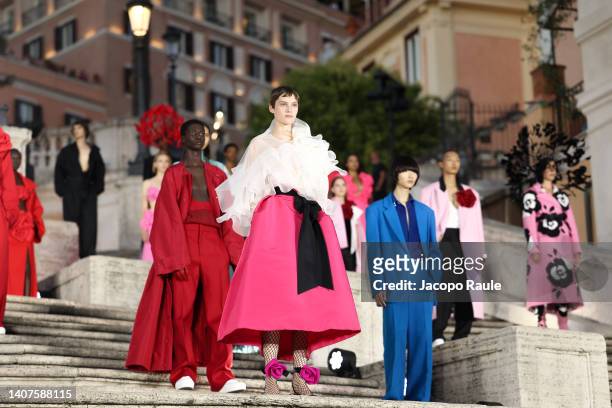 Models walk on the runway at the Valentino haute couture fall/winter 22/23 fashion show on July 08, 2022 in Rome, Italy.