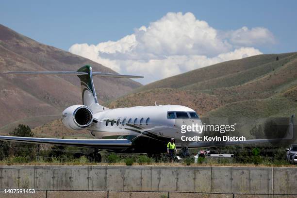 Private jets are seen on the tarmac at Friedman Memorial Airport during the Allen & Company Sun Valley Conference, July 8, 2022 in Sun Valley, Idaho....