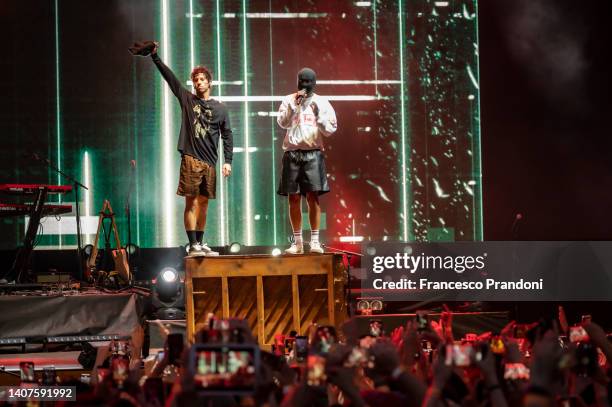 Josh Dun and Tyler Joseph of Twenty One Pilots perform at Lucca Summer Festival on July 08, 2022 in Lucca, Italy.