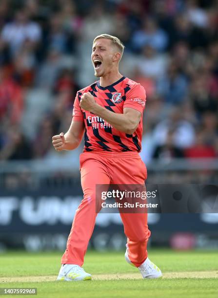 Lancashire bowler Luke Wood celebrates after taking the wicket of Essex batsman Adam Rossington during the Vitality T20 Blast Quarter Final match...