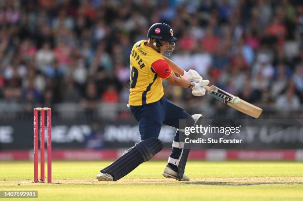 Essex batsman Michael Pepper hits out during the Vitality T20 Blast Quarter Final match between Lancashire Lightning and Essex Eagles at Old Trafford...