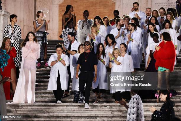 Designer Pierpaolo Piccioli is seen arriving at the Valentino haute couture fall/winter 22/23 fashion show on July 08, 2022 in Rome, Italy.