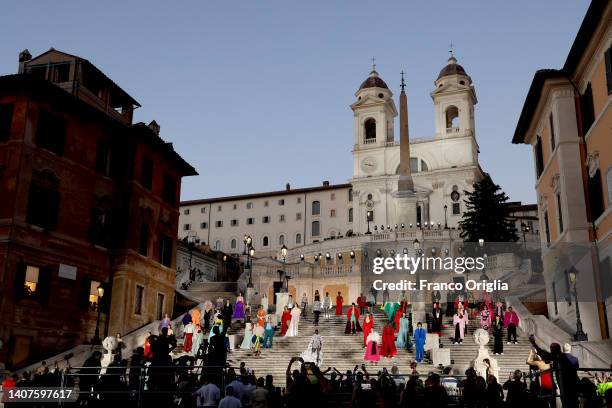 View of Scalinata di Trinità dei Monti during the Valentino haute couture fall/winter 22/23 fashion show on July 08, 2022 in Rome, Italy.