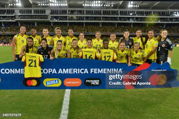 Players of Colombia pose for photo prior a Group A match between Colombia and Paraguay as part of Women's CONMEBOL Copa America Colombia 2022 at...