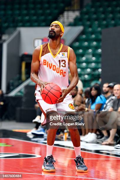 Corey Brewer of Bivouac looks to shoot the ball during the game against the Triplets in BIG3 Week Four at Comerica Center on July 08, 2022 in Frisco,...