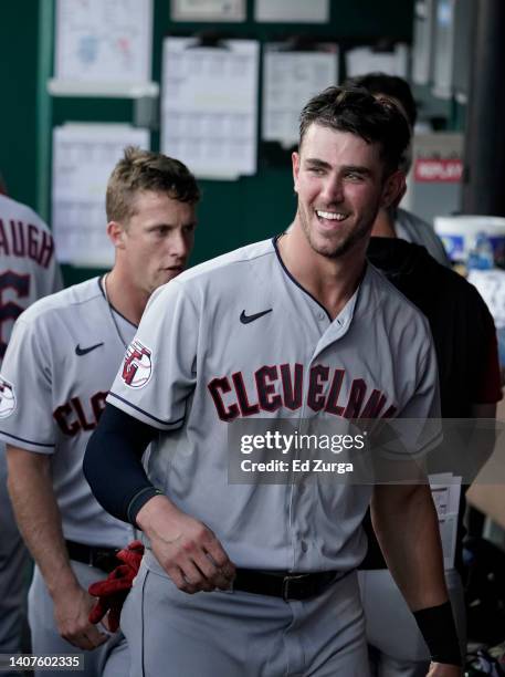 Nolan Jones of the Cleveland Guardians walks through the dugout in the second inning against the Kansas City Royals at Kauffman Stadium on July 08,...