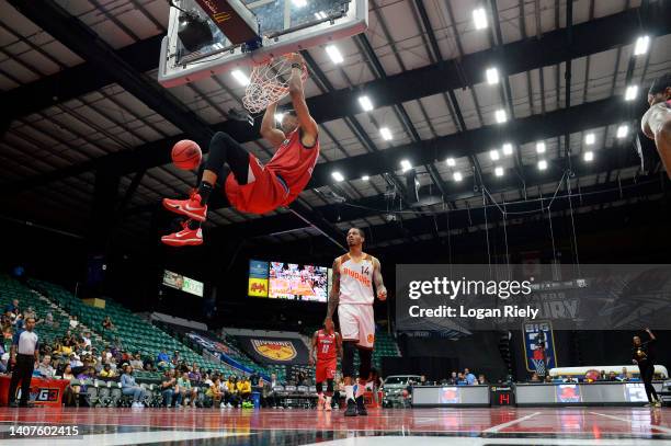 Ryan Hollins of the Triplets dunks the ball against Gerald Green of Bivouac during the game in BIG3 Week Four at Comerica Center on July 08, 2022 in...