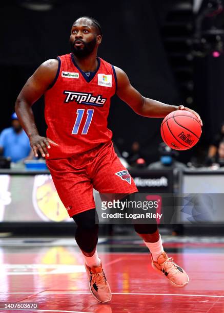 Jeremy Pargo of the Triplets drives to the basket during the game against Bivouac in BIG3 Week Four at Comerica Center on July 08, 2022 in Frisco,...