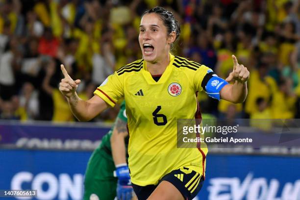 Daniela Montoya of Colombia celebrates after scoring the third goal of her team during a Group A match between Colombia and Paraguay as part of...
