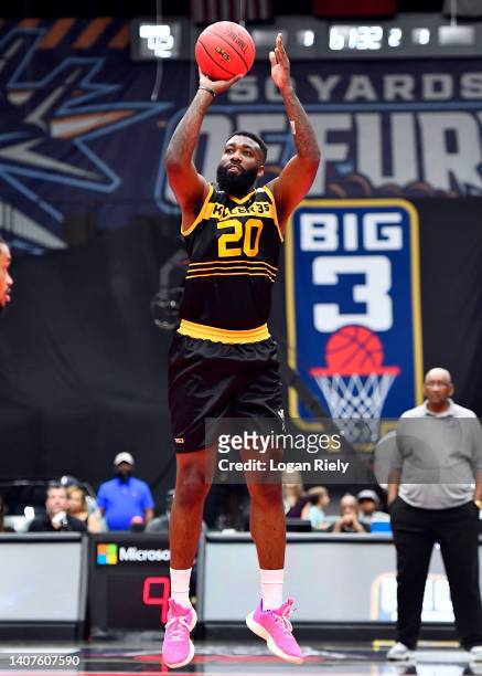 Donte Green of the Killer 3's shoots the ball against the Ghost Ballers during the game in BIG3 Week Four at Comerica Center on July 08, 2022 in...