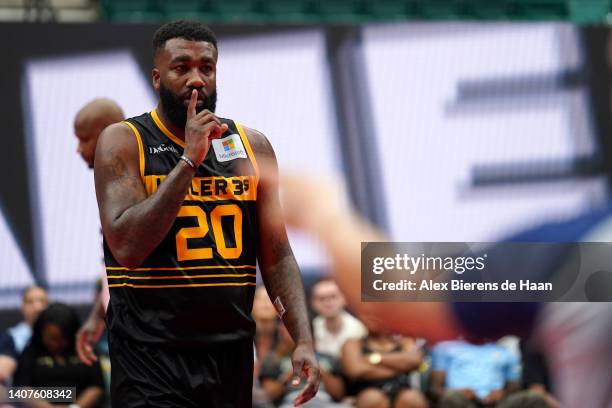 Donte Green of the Killer 3's reacts after his game-winning free throw during the game against the Ghost Ballers in BIG3 Week Four at Comerica Center...