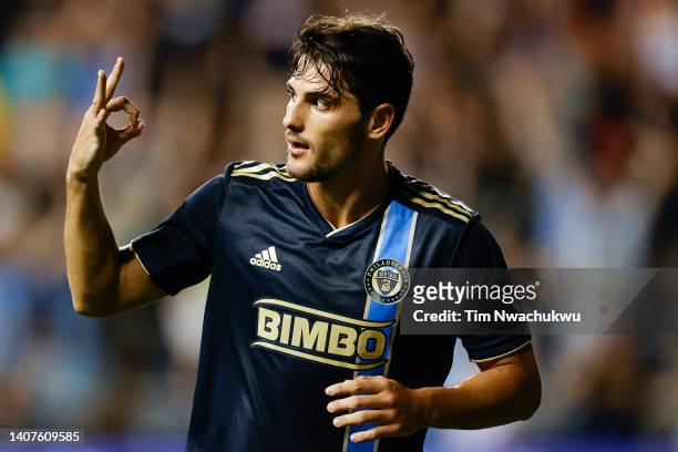 Julián Carranza of Philadelphia Union celebrates after scoring a hat trick during the second half against D.C. United at Subaru Park on July 08, 2022...