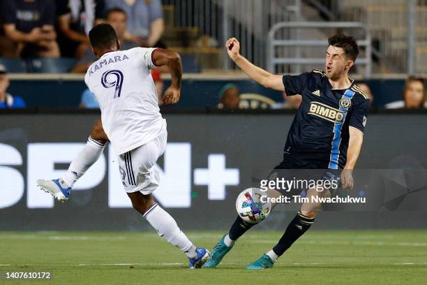 Leon Flach of Philadelphia Union blocks a shot attempt by Ola Kamara of D.C. United during the second half at Subaru Park on July 08, 2022 in...