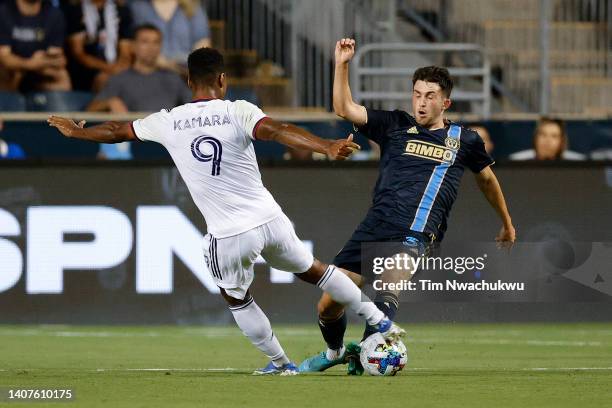 Leon Flach of Philadelphia Union blocks a shot attempt by Ola Kamara of D.C. United during the second half at Subaru Park on July 08, 2022 in...